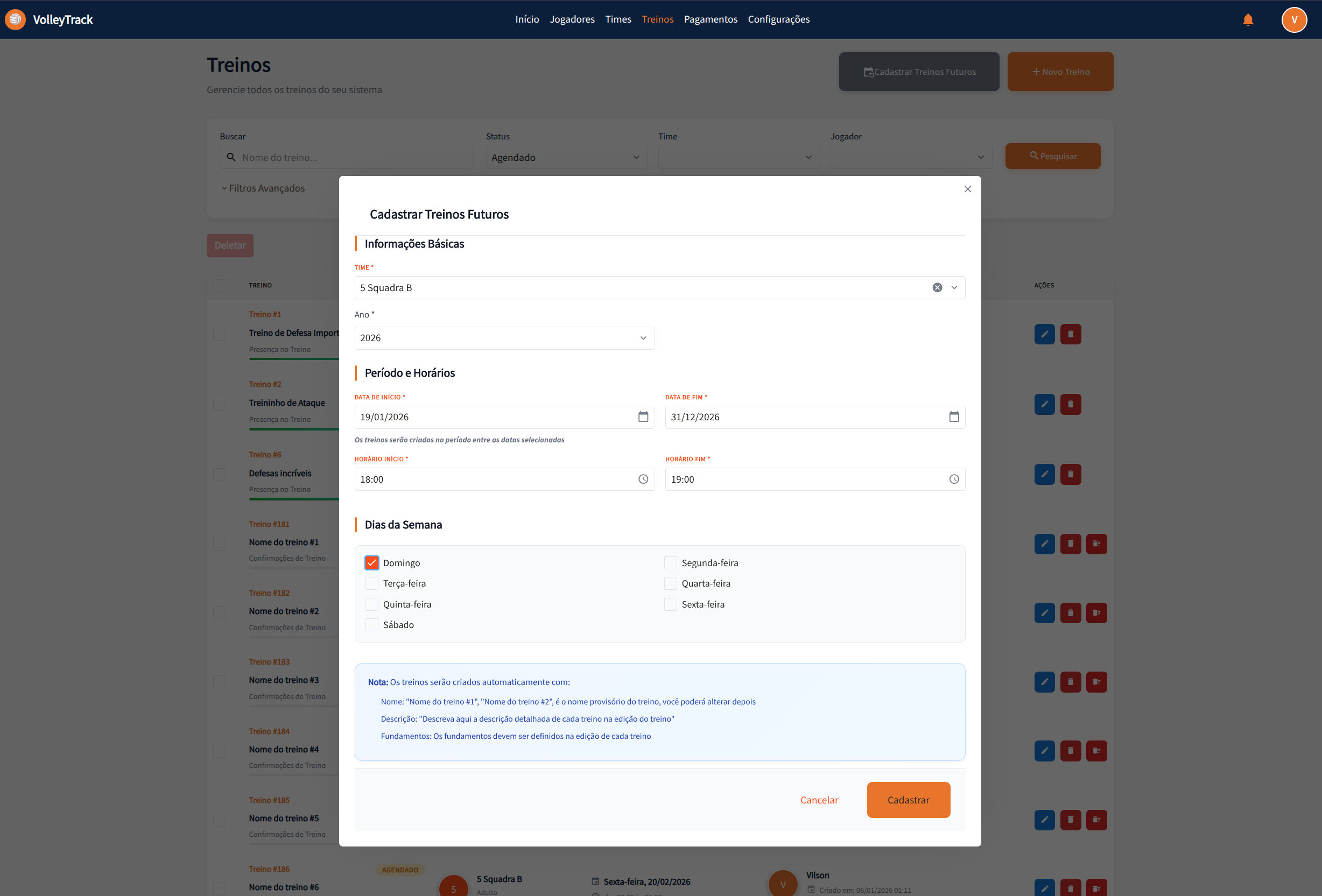 Cadastrar Treinos Futuros